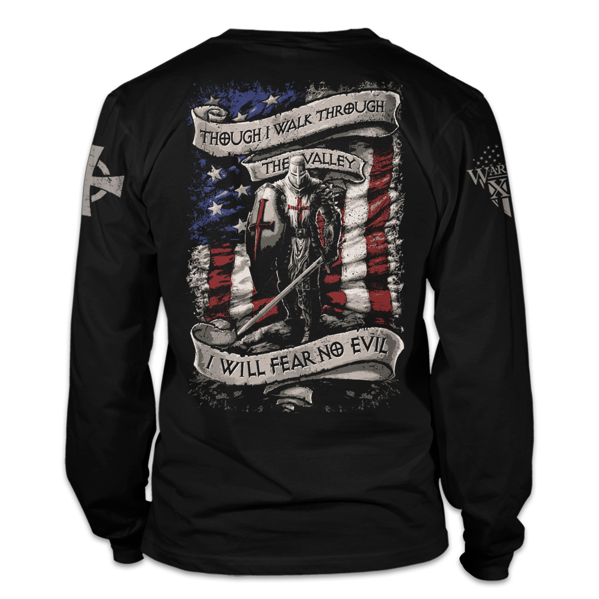 A black long sleeve shirt with an American Crusader printed on the back of the shirt.