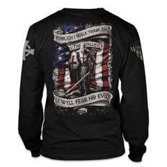 A black long sleeve shirt with an American Crusader printed on the back of the shirt.