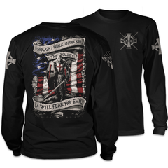 Front & back black long sleeve shirt with an American Crusader printed on the shirt.