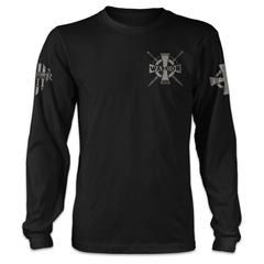 A black American Crusader long sleeve shirt with the a cross and swords printed on the front.
