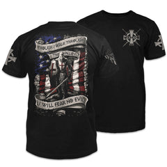 Front & back black t-shirt with an American Crusader printed on the shirt.