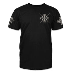 A black American Crusader t-shirt with the a cross and swords printed on the front.