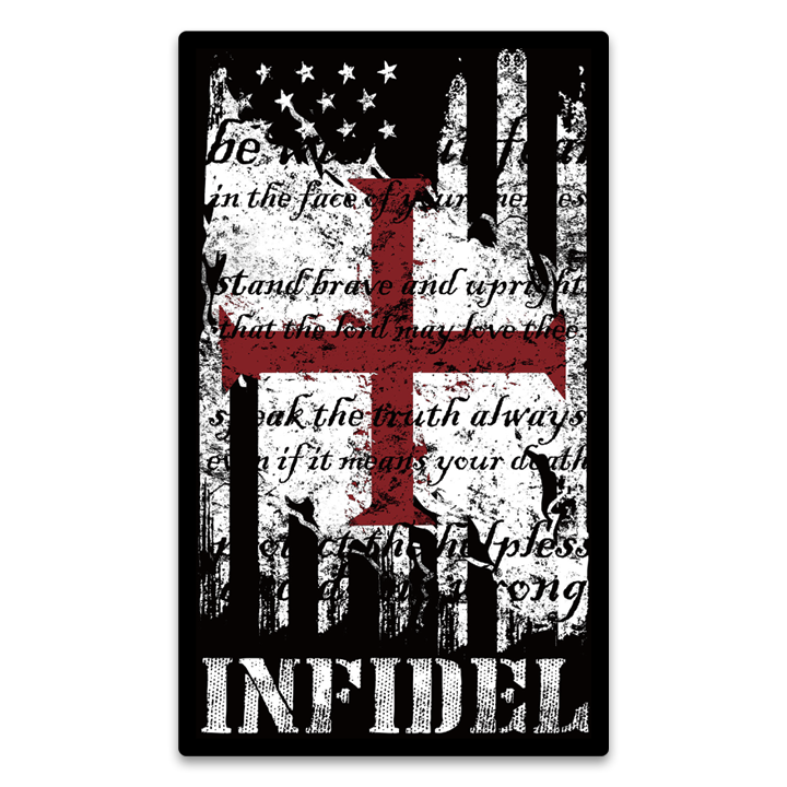 An American Infidel decal that combines the American and Templar flag with the Templar code written over the flag. 