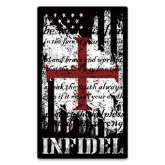 An American Infidel decal that combines the American and Templar flag with the Templar code written over the flag. 