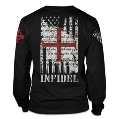 A black long sleeve shirt with "the American and Templar flag" printed on the back of the shirt.