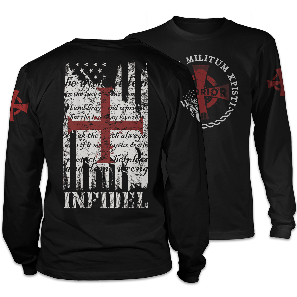 Front & back black Long sleeve shirt with the "the American and Templar flag" printed on the shirt.