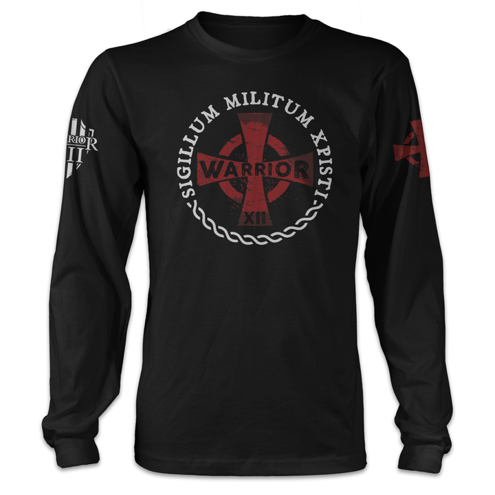 A black American Infidel long sleeve shirt with the words Templar Seal which is"Army Of Christ" written in Latin.