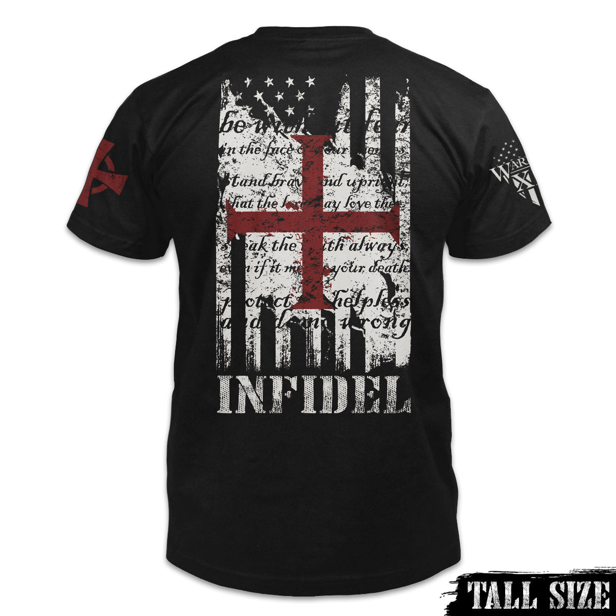 A black tall sized shirt with "the American and Templar flag" printed on the back of the shirt.