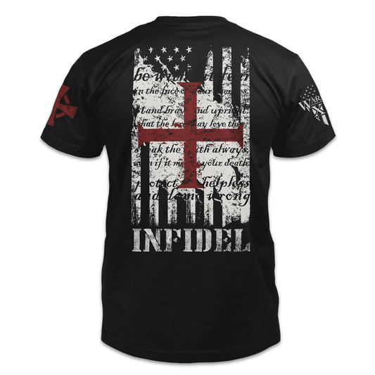 A black t-shirt with "the American and Templar flag" printed on the back of the shirt.