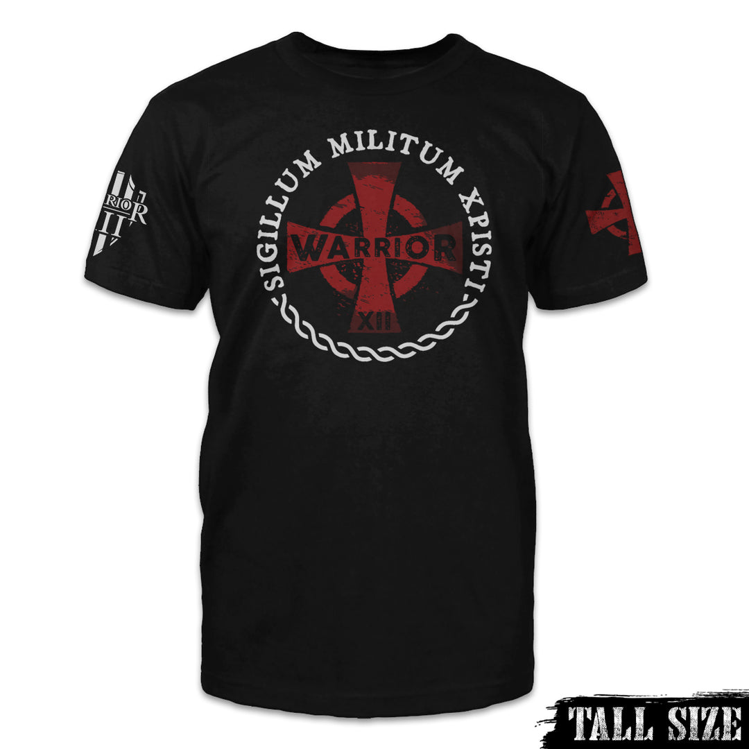 A black American Infide; tall sized t-shirt with the words Templar Seal which is"Army Of Christ" written in Latin.