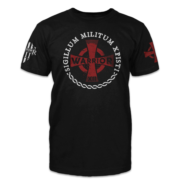 A black American Infide t-shirt with the words Templar Seal which is"Army Of Christ" written in Latin.