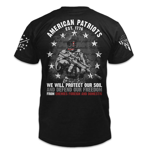 A black t-shirt with "American Patriots" printed on the back of the shirt.
