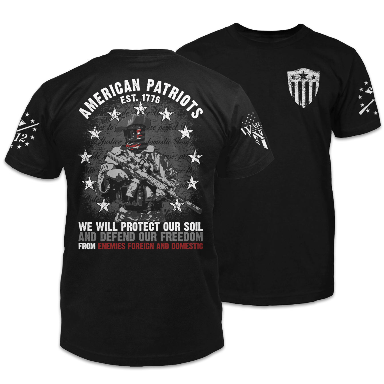 Front & back black t-shirt with the "American patriots" printed on the shirt.