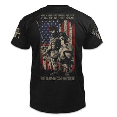 A black t-shirt with an "American Spartan" printed on the back of the shirt.