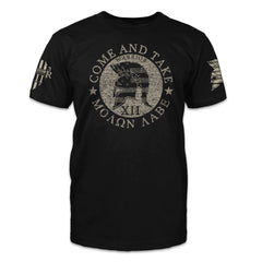 A black American Spartn t-shirt with the words "Come and Take" and spartan helmet printed on the front of the shirt.
