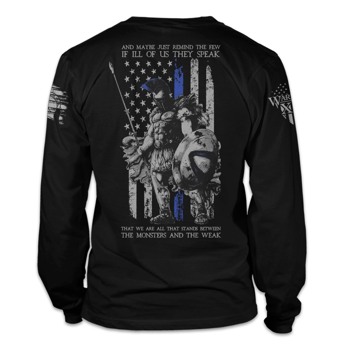 A black long sleeve shirt with "American Spartan" thin blue line printed on the back of the shirt.