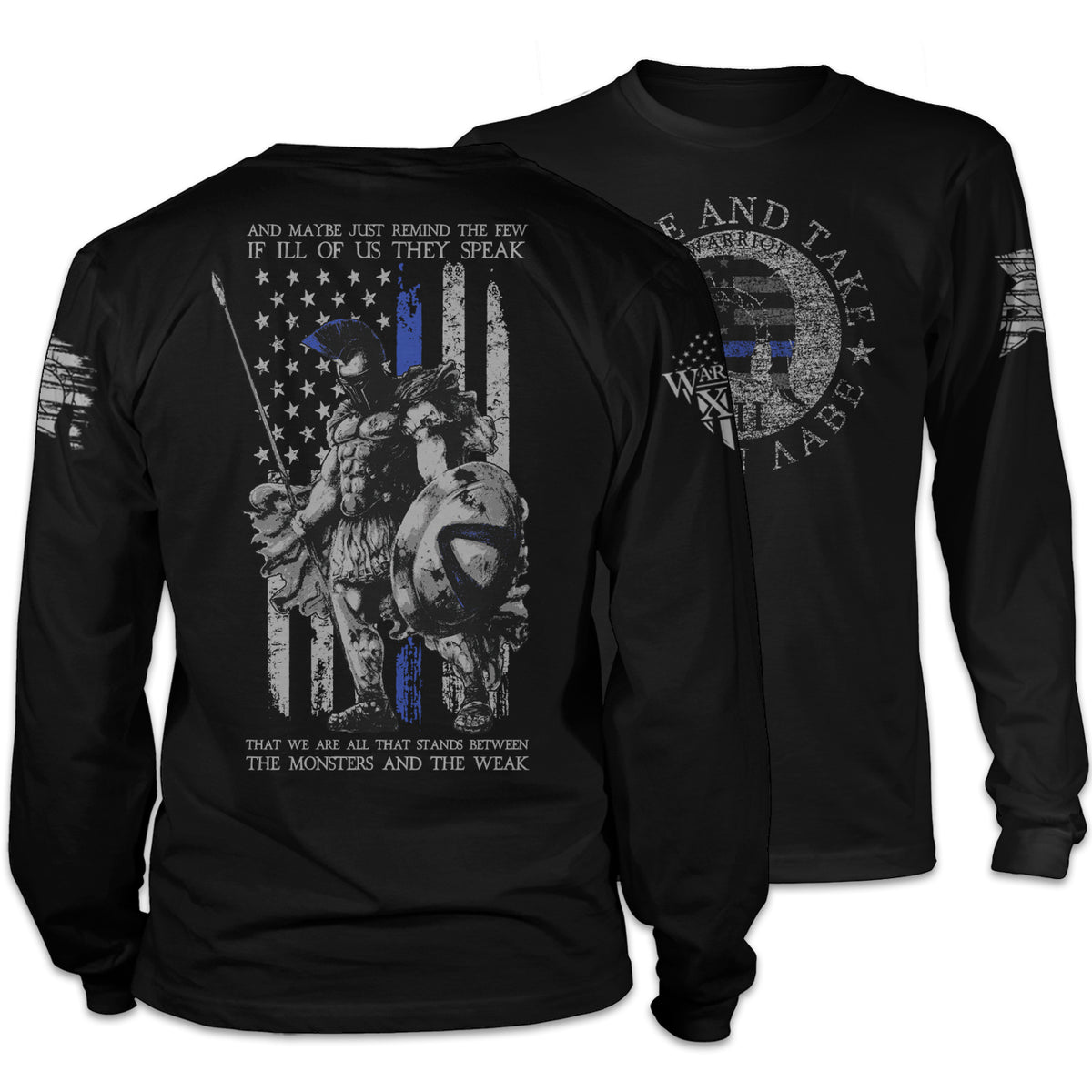 Front & back black Long sleeve shirt with an "American Spartan" thin blue line printed on the shirt.