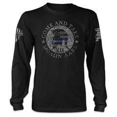A black American Spartan t-shirt with the words "Come and Take" and spartan helmet thin blue line printed on the front of the shirt.
