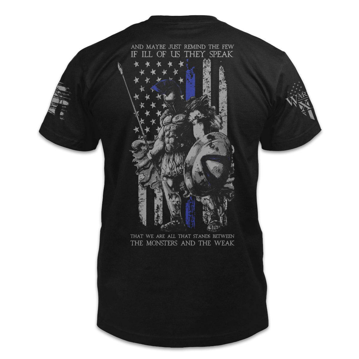 A black t-shirt with an "American Spartan" thin blue line printed on the back of the shirt.