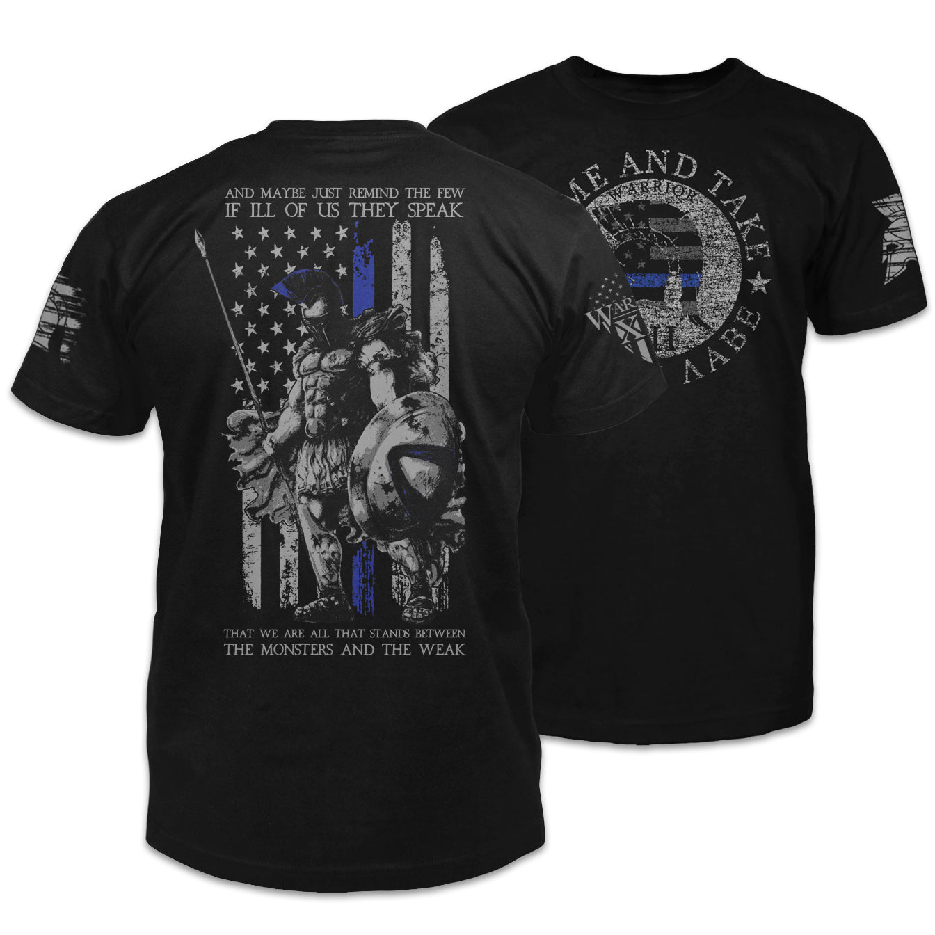 Front & back black t-shirt with an "American Spartan" thin blue line printed on the shirt.