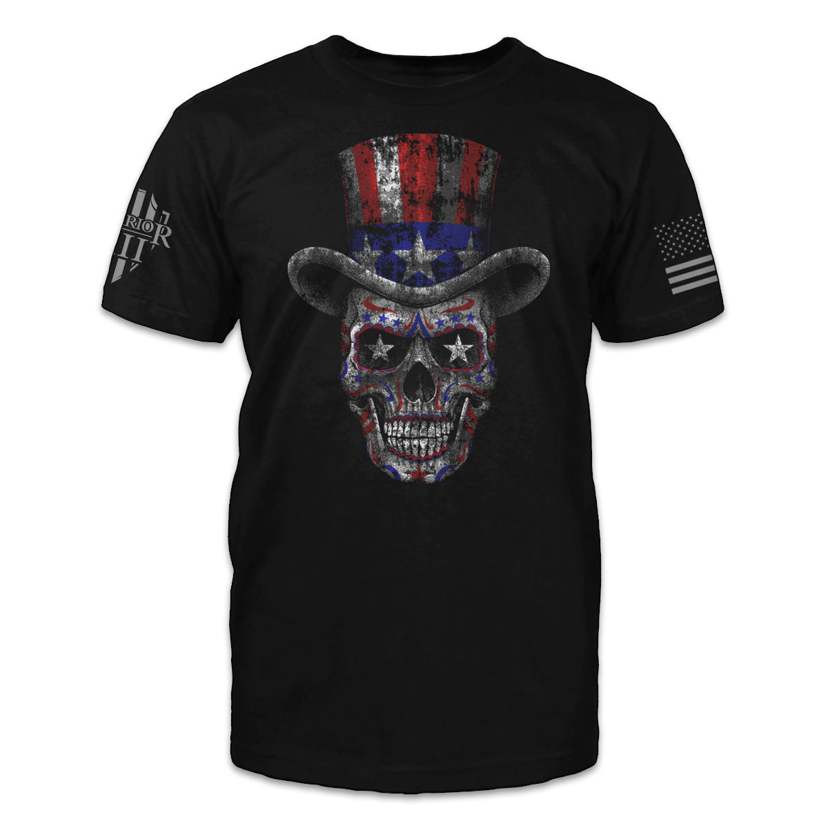 A black t-shirt with a skeleton and hat with the American flag printed on the front.