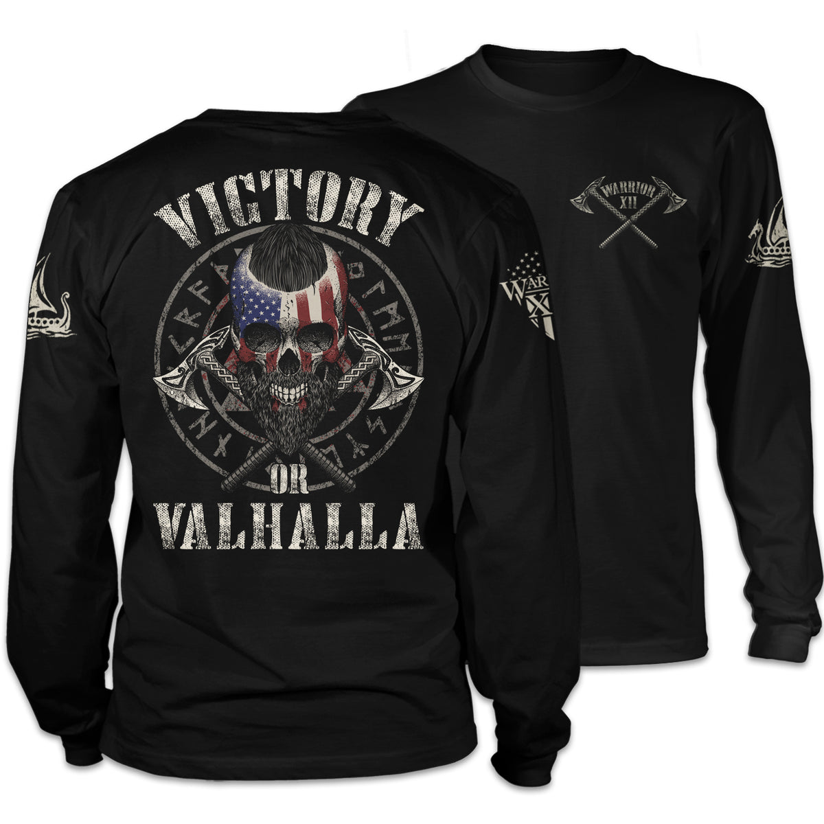 A black American Viking long sleeve t-shirt with the words "Warrior 12" and two axes printed on the front of the shirt.