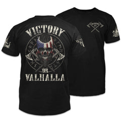 Front & back black t-shirt with the words "Victory Or Valhalla" printed on the American Viking shirt.