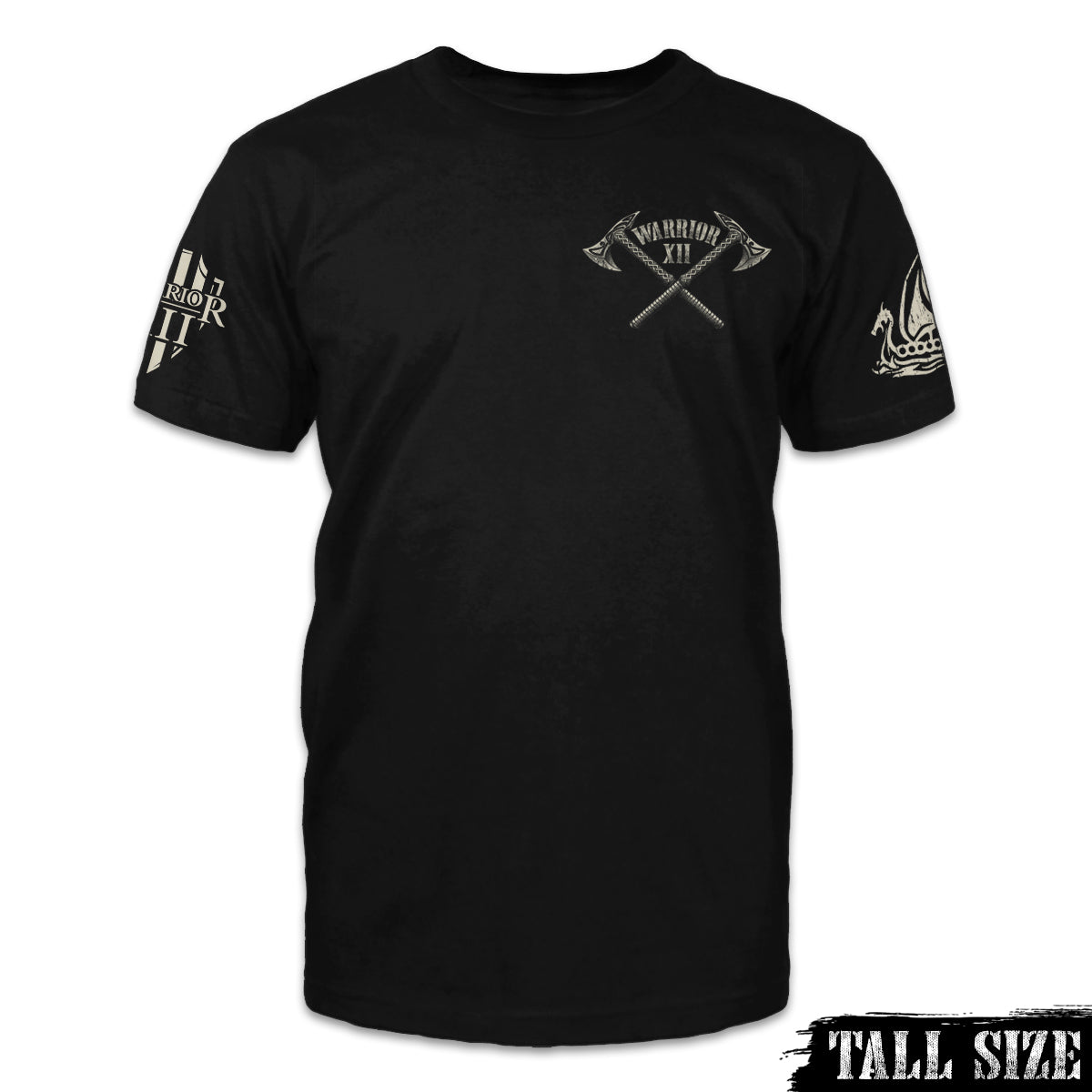A black American Viking tall sized t-shirt with the words "Warrior 12" and two axes printed on the front of the shirt.
