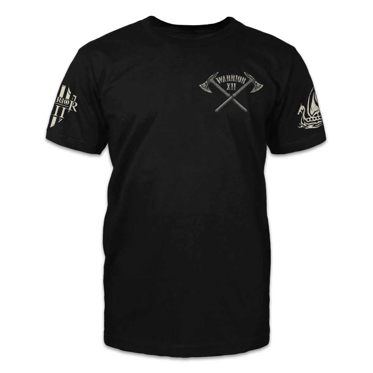 A black American Viking t-shirt with the words "Warrior 12" and two axes printed on the front of the shirt.