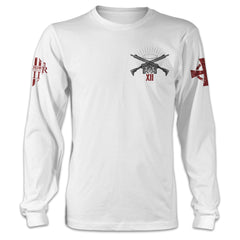 A white Archangels long sleeve shirt with the two guns crossed over printed on the front of the shirt.
