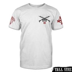 A white Archangels tall sized shirt with the two guns crossed over printed on the front of the shirt.