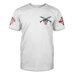 A white Archangels t-shirt with the two guns crossed over printed on the front of the shirt.