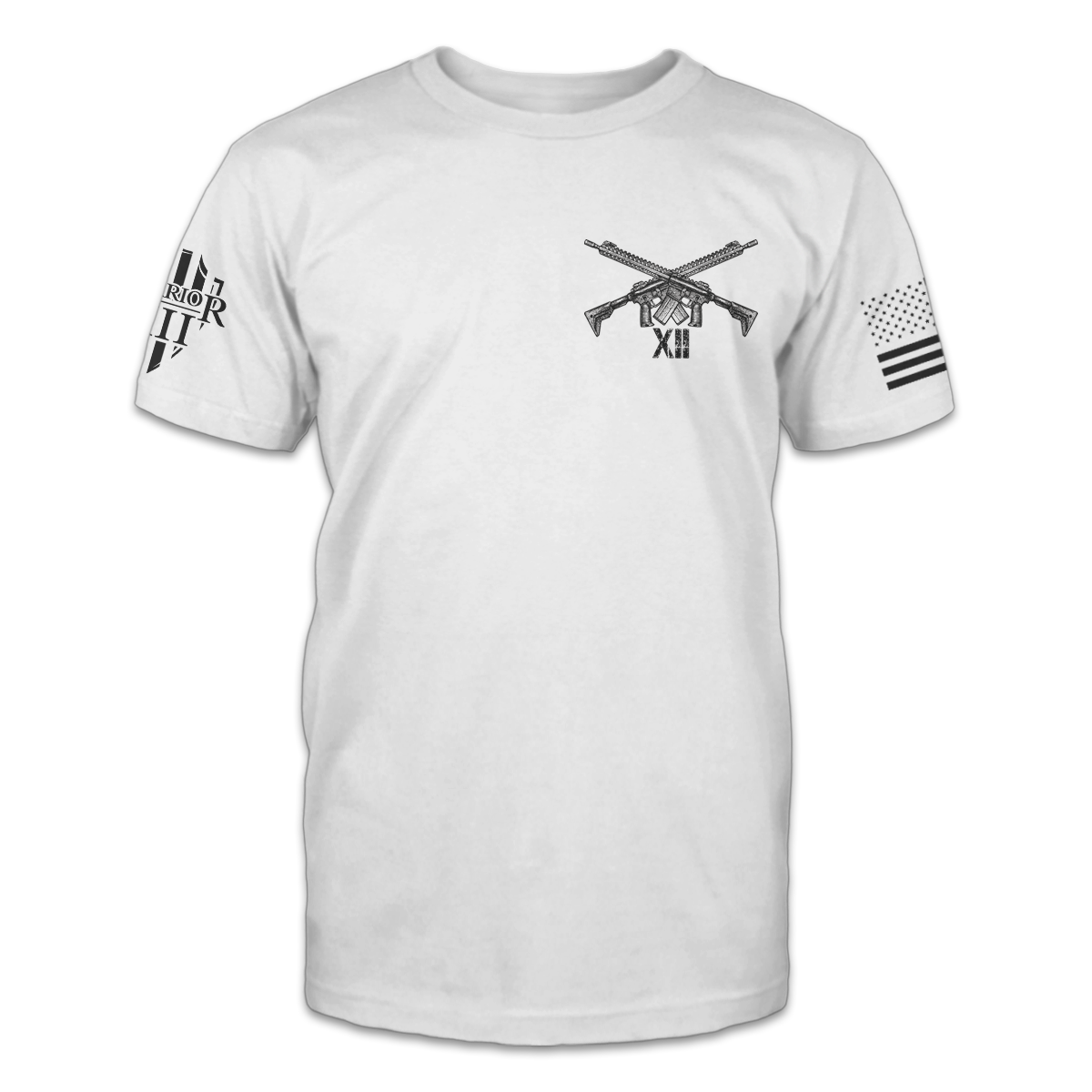 A white t-shirt with two guns crossed over printed on the front of the shirt.