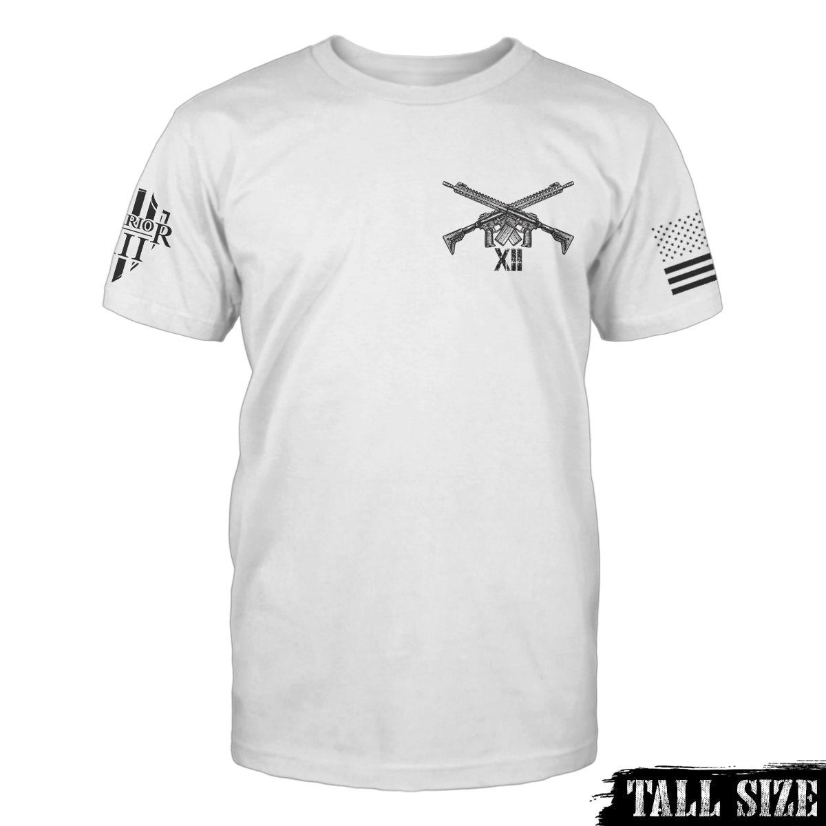 A white tall sized t-shirt with two guns crossed over printed on the front of the shirt.