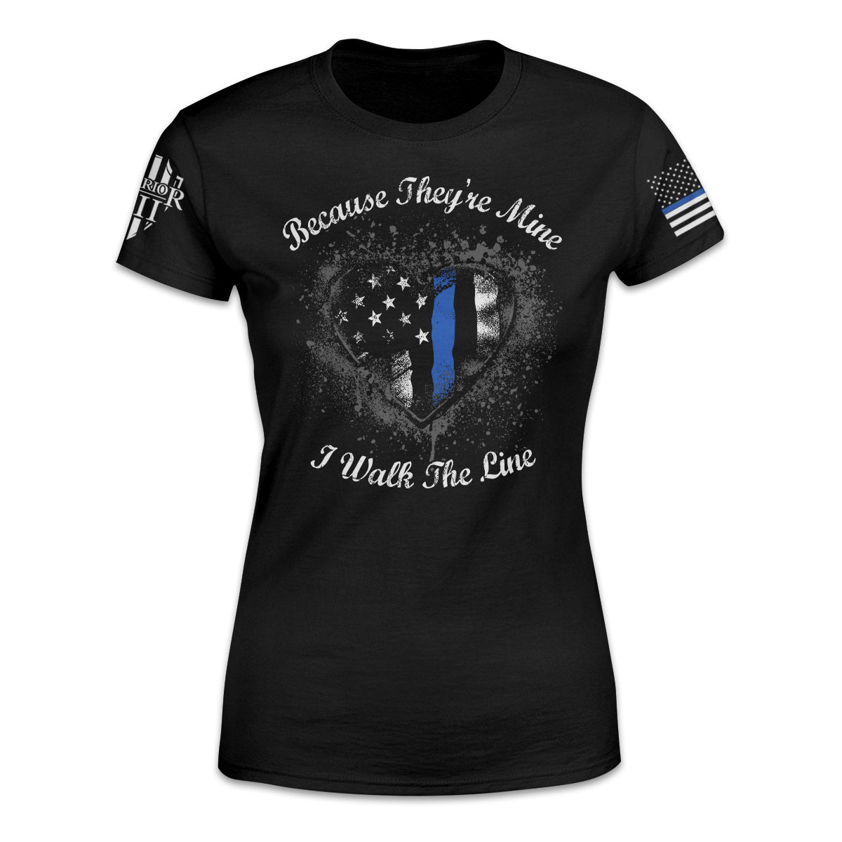 A black women's thin blue line t-shirt with the words "Because they're mine I walk the line" printed on the front.