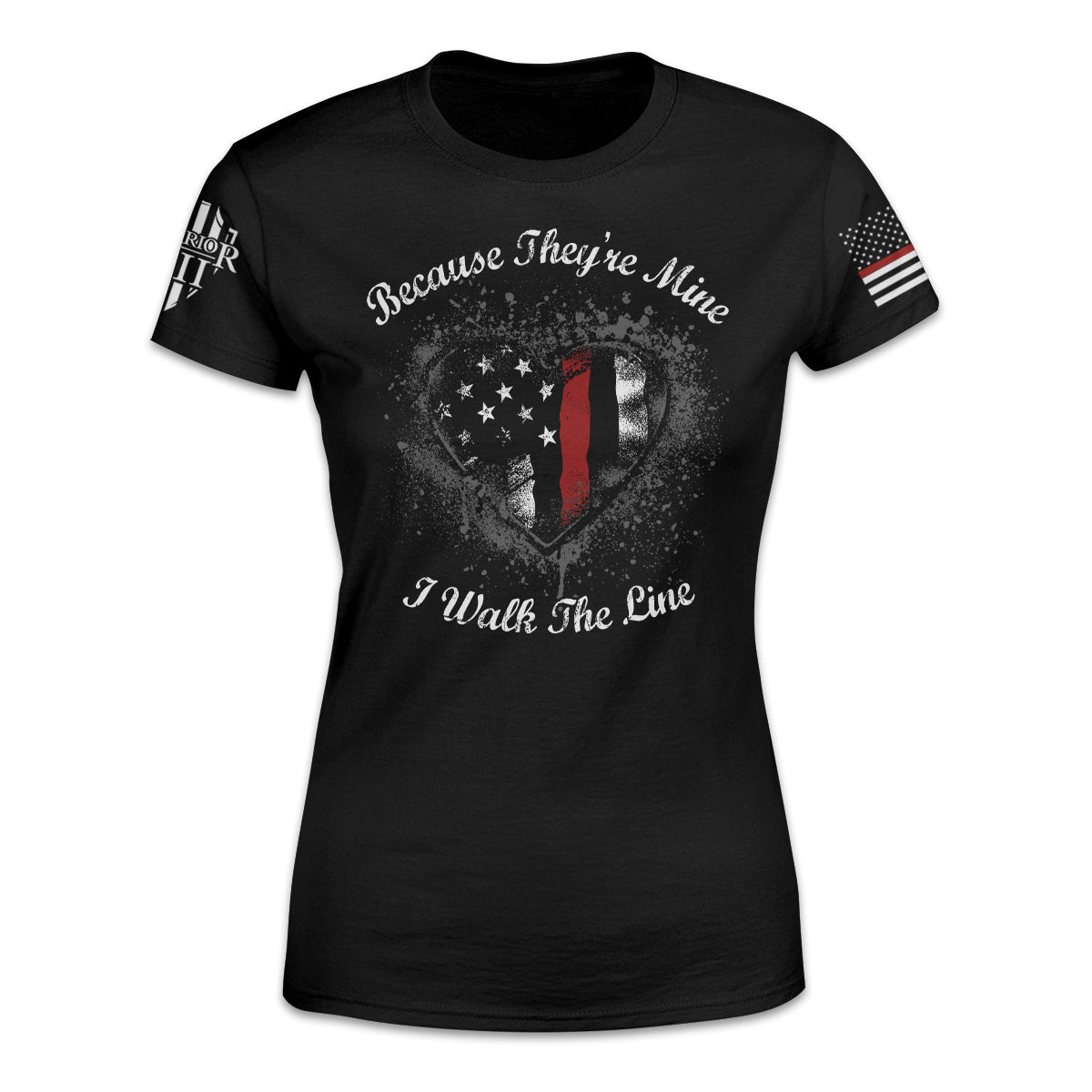 A black women's thin red line t-shirt with the words "Because they're mine I walk the line" printed on the front.