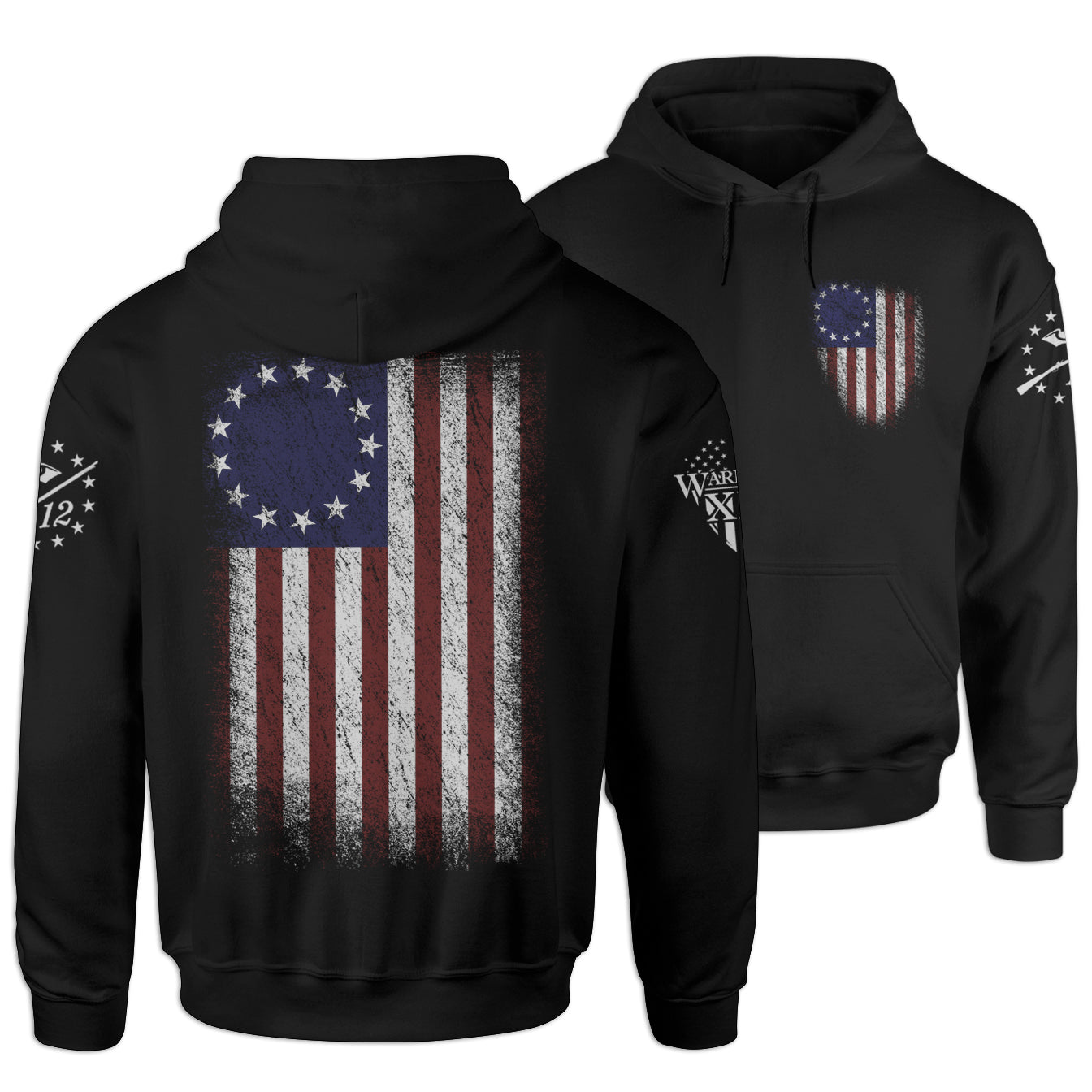 Black hoodie with the Betsy Ross flag emblem printed on the front.