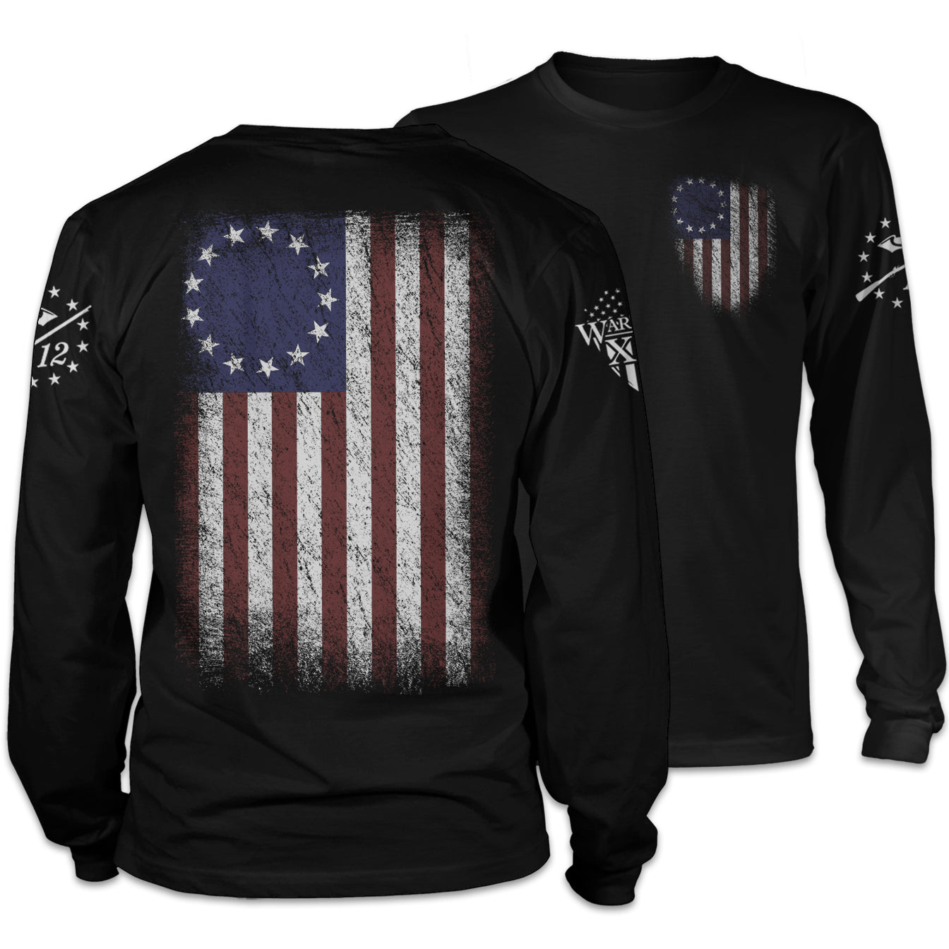 Front and back black long sleeve shirt with the Betsy Ross flag.