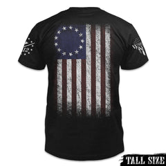 Tall size shirt with the Betsy Ross flag printed on the back.