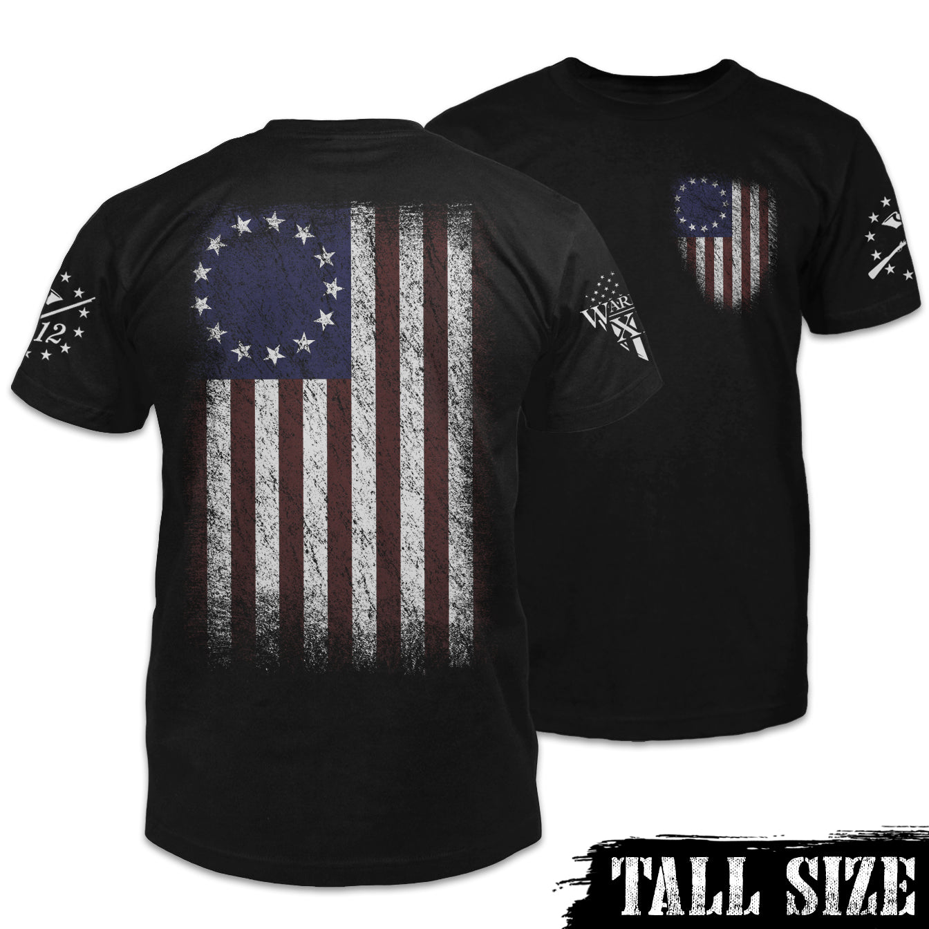 Front and back tall size shirt with the Betsy Ross flag.