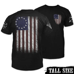 Front and back tall size shirt with the Betsy Ross flag.