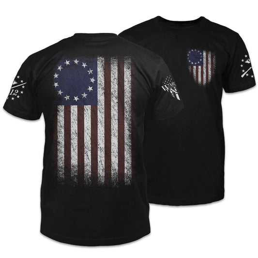 Front and back t-shirt with the Betsy Ross flag.