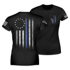Front & back black women's relaxed fit'shirt that features a thin blue line Betsy Ross flag on a back print to show that we remain undeterred in our support for American law enforcement. printed on the shirt.