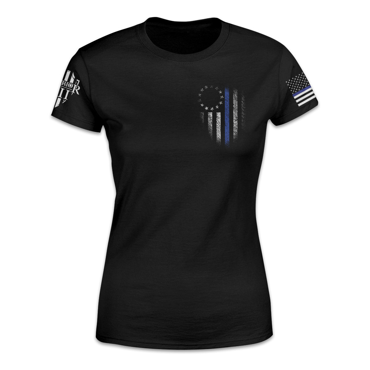 A black women's relaxed fit shirt with the thin blue line betsy ross flag printed on the front left chest of the shirt.