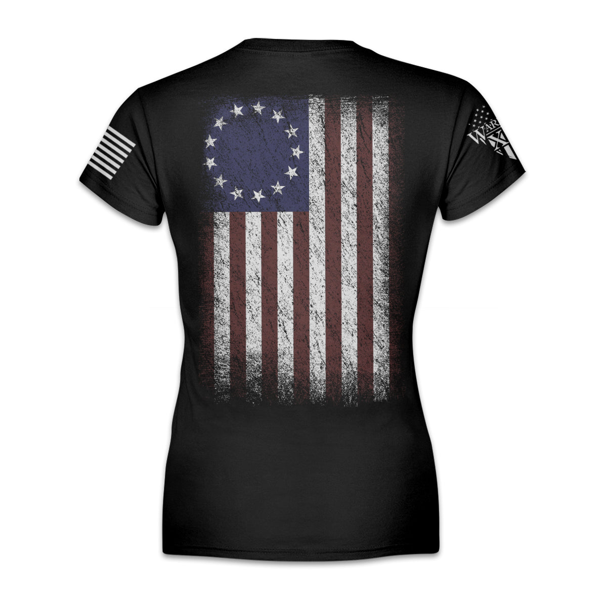 Women's shirt with the Betsy Ross flag printed on the back.