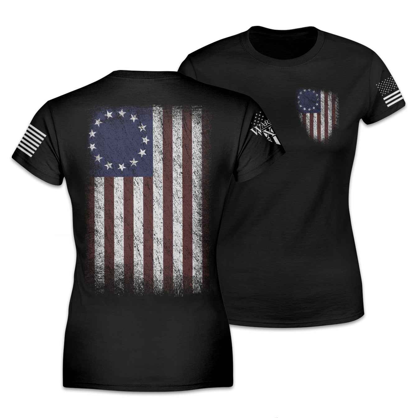 Front and back women's shirt with the Betsy Ross flag.