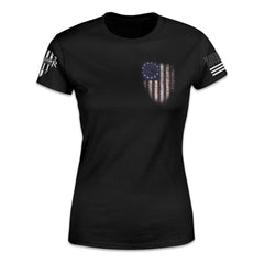 Women's shirt with the Betsy Ross flag emblem printed on the front.