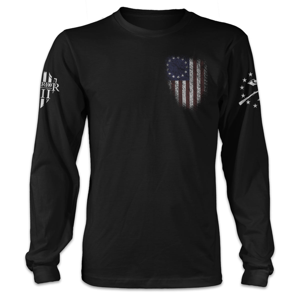 Black long sleeve shirt with the Betsy Ross flag emblem printed on the front.