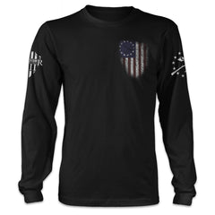 Black long sleeve shirt with the Betsy Ross flag emblem printed on the front.