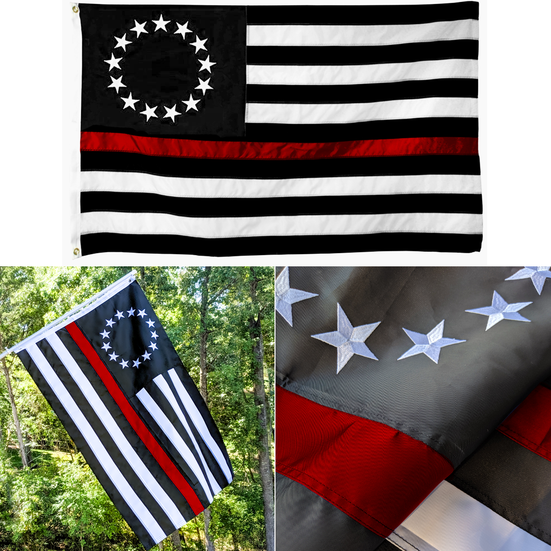 3 Images of the Embroidered Thin Red Line Betsy Ross Flag